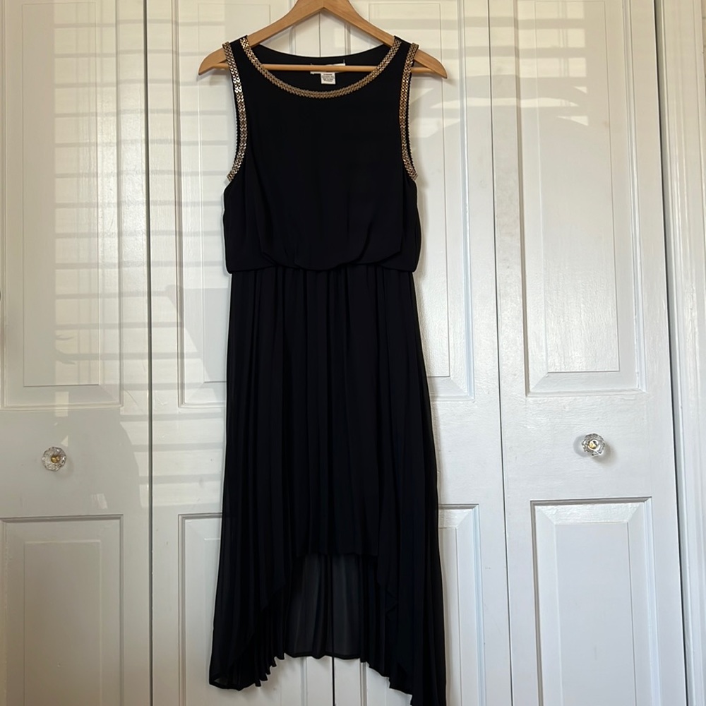 Black high low midi chiffon sleeveless dress with gold chain details